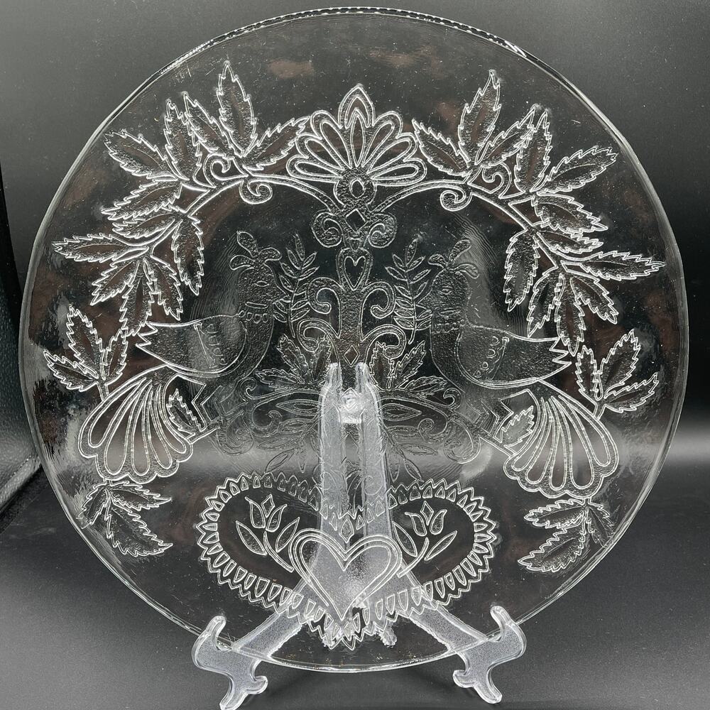 Glass Platter with Two Birds and Hearts